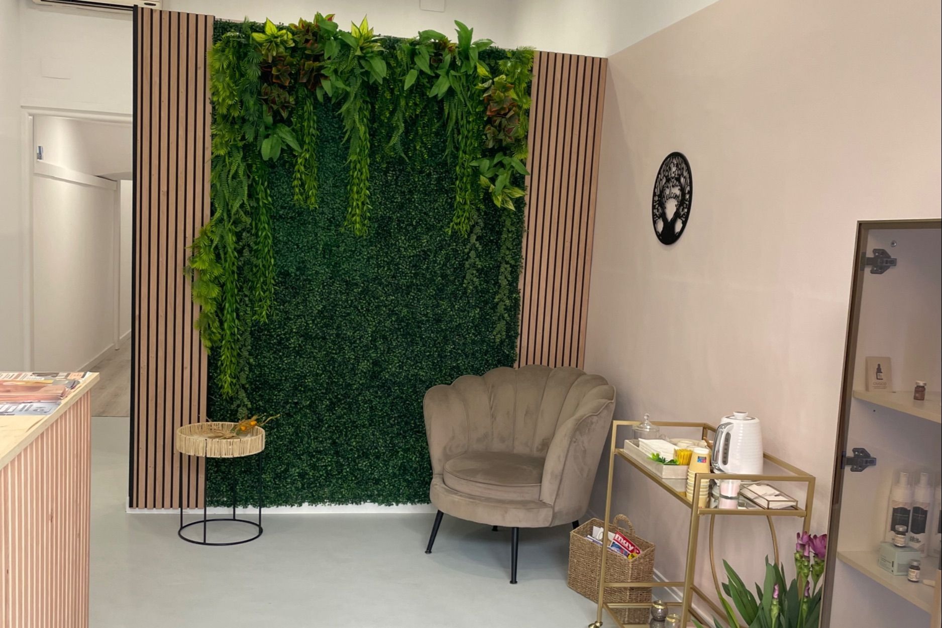 Recepción del centro, con la pared vegetal y el sillón de espera.